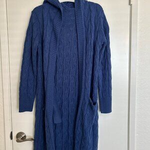Cozy blue long hooded cardigan in a soft cable knit fabric.